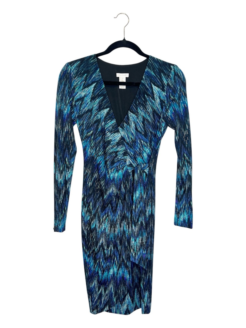 CACHE Blue Zig Zag Chevron Faux Wrap Long Sleeve Dress size XS